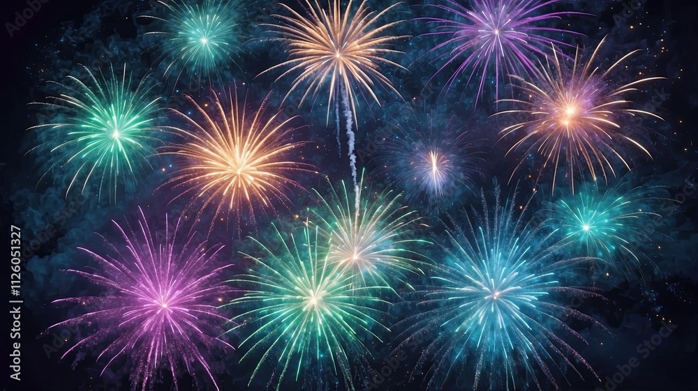 Overhead Bird's-Eye View of Cool-Colored Fireworks for New Year's Eve with Calm Atmosphere Overhead Bird's-Eye View of Cool-Colored Fireworks for New Year's Eve with Calm Atmosphere