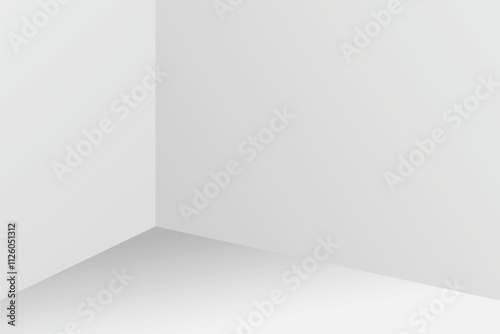 Corner white room with a sleek interior wall, showcasing a clean studio floor and a gray platform podium for product presentation or minimalist art staging in a showroom setting. 3D rendering