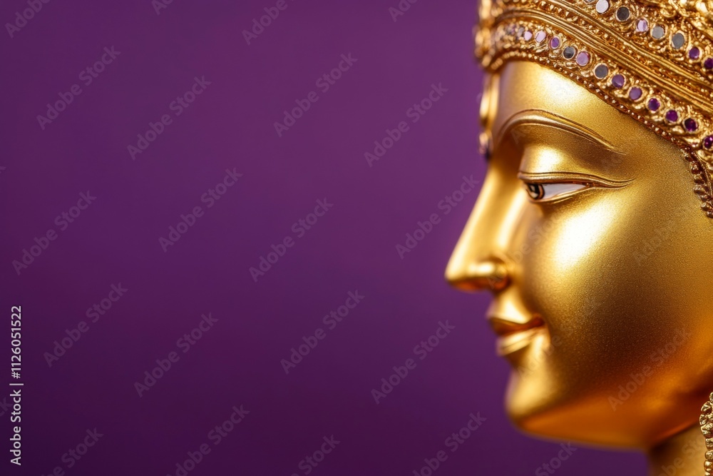 Golden buddha statue profile with ornate crown on purple background
