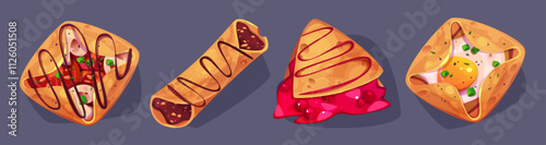 Folded and rolled thin pancakes with different fillings - fried egg with greenery, mushrooms with tomato, cherry sauce and chocolate. Cartoon golden cooked crepes with crepe poured with syrup.