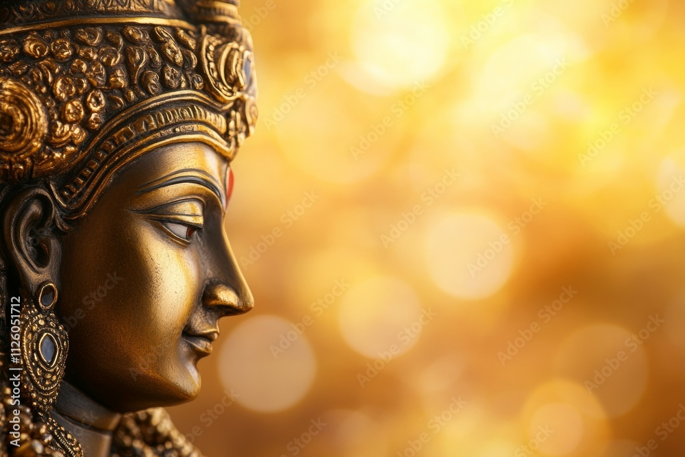 Golden goddess statue in profile against warm bokeh background Golden goddess statue in profile against warm bokeh background