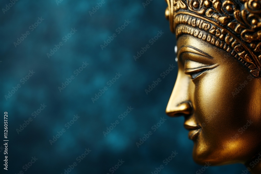 Golden buddha profile on blue background - serene face and ornate crown Golden buddha profile on blue background - serene face and ornate crown