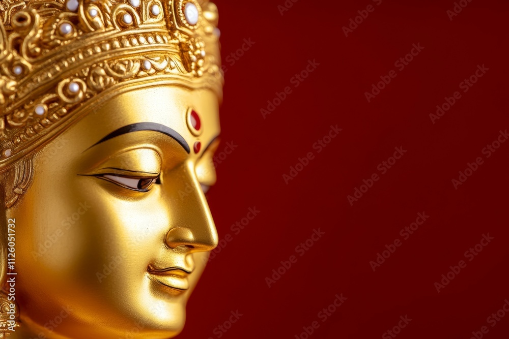 Exquisite golden statue of buddha with ornate crown on red background
