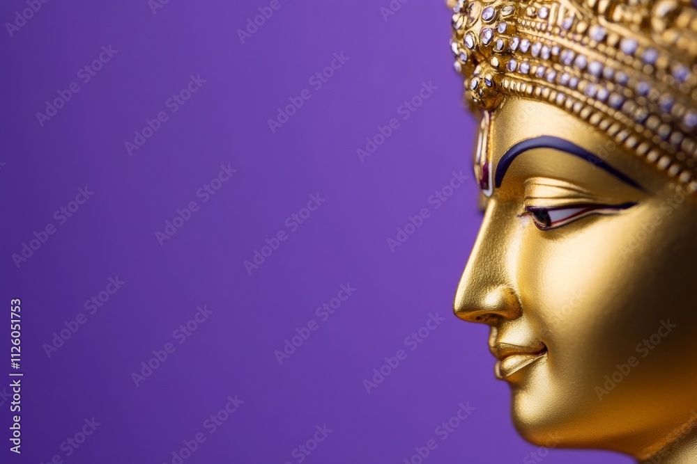 Golden divine sculpture of buddha against purple background Golden divine sculpture of buddha against purple background