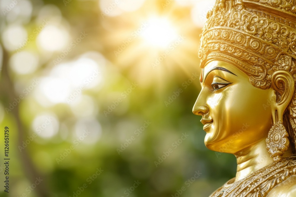Side view of golden buddha statue with sunlight and bokeh background Side view of golden buddha statue with sunlight and bokeh background