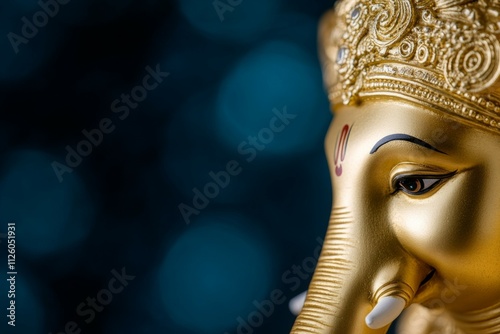 Elegant golden ganesha idol against soft blue bokeh background photo