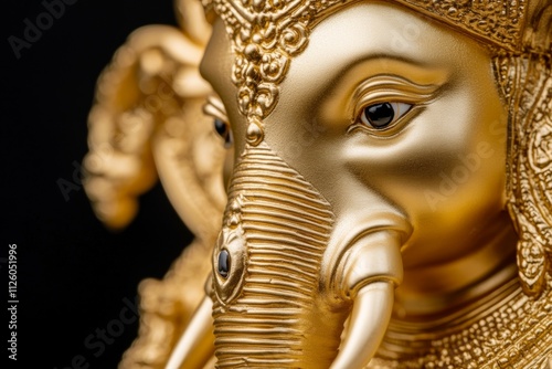 Golden ganesha sculpture close-up with intricate details and divine elegance photo