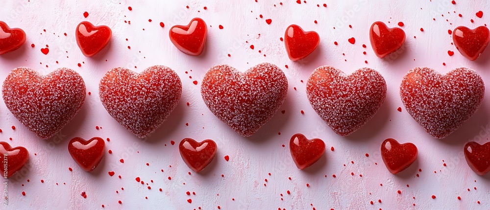 Fototapeta premium A spread of heart-shaped candies and gummies arranged in a loose pattern over a white background. Some candies are bright red, others soft pink, creating playful contrasts. The sugary texture 