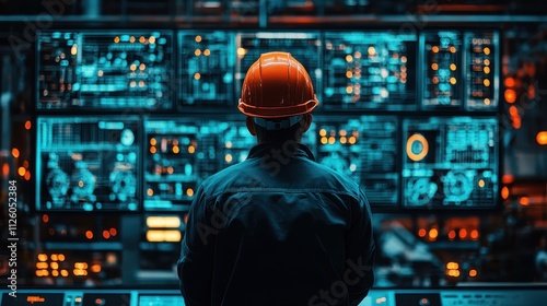 Technician Monitoring Complex Industrial Control System