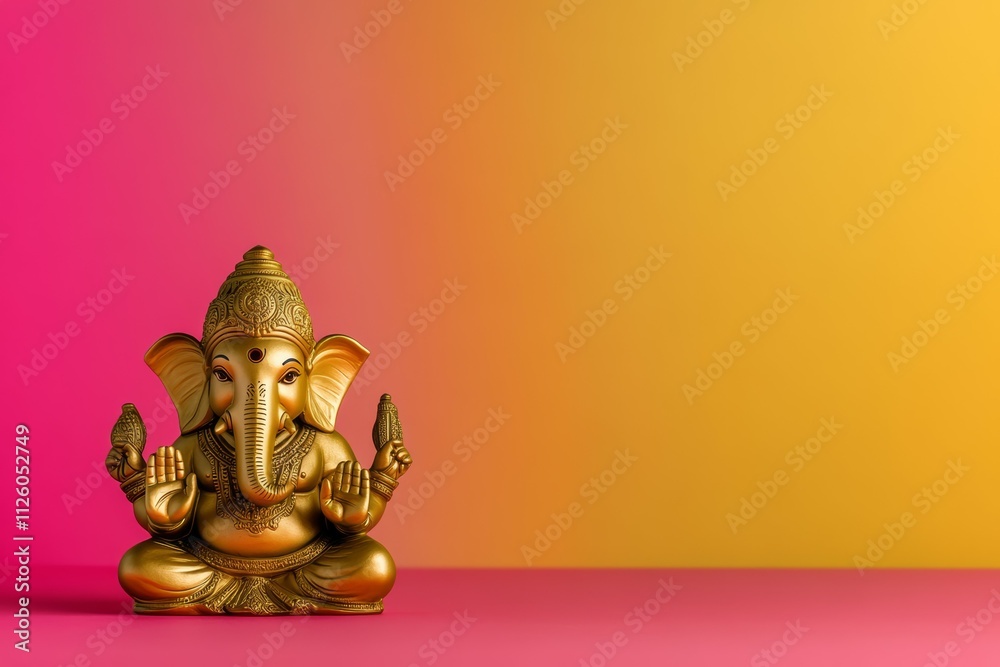 Golden ganesha statue on vibrant pink and yellow gradient background Golden ganesha statue on vibrant pink and yellow gradient background