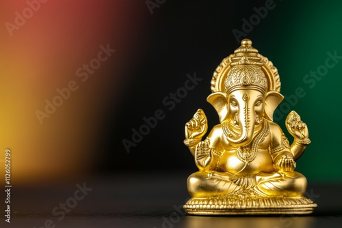 Golden ganesha statue with black and colorful background