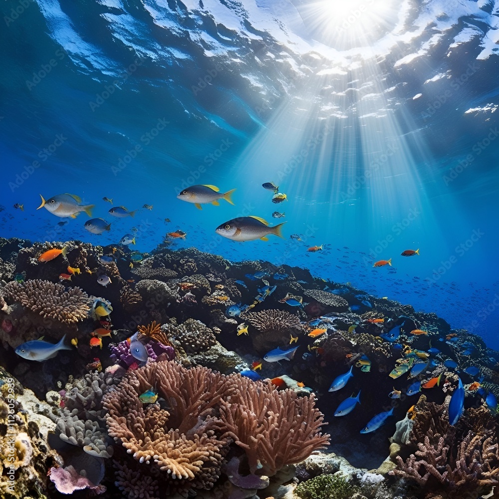 Naklejka premium Sea Turtle and Coral Underwater World – Top View