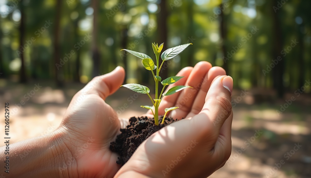 Depict a close-up of hands gently holding a small plant with vibrant green leaves and soil, set against a soft-focus natural background of trees and sunlight. Depict a close-up of hands gently holding a small plant with vibrant green leaves and soil, set against a soft-focus natural background of trees and sunlight.