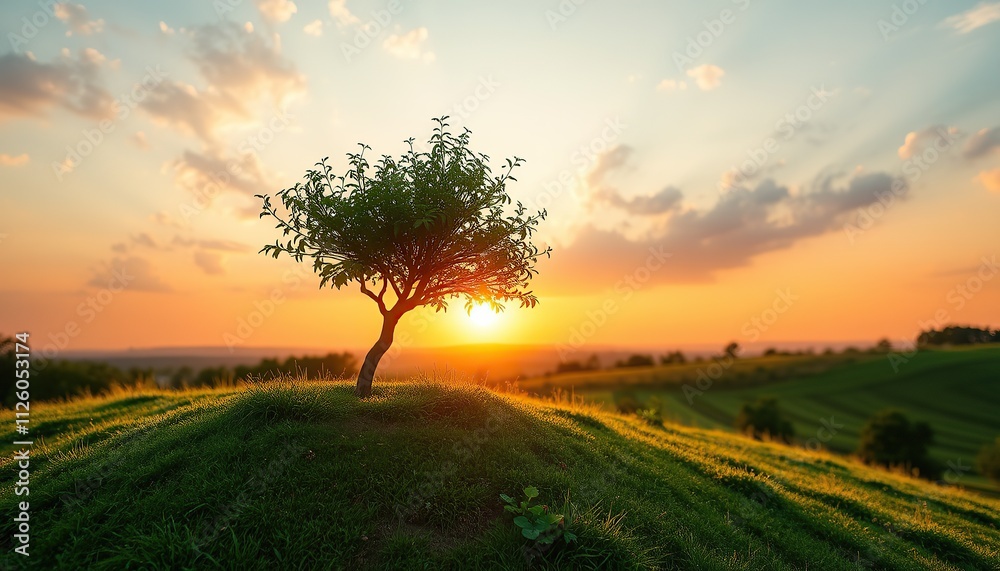 Fototapeta premium panorama small tree growing with sunrise. green world and earth day concept