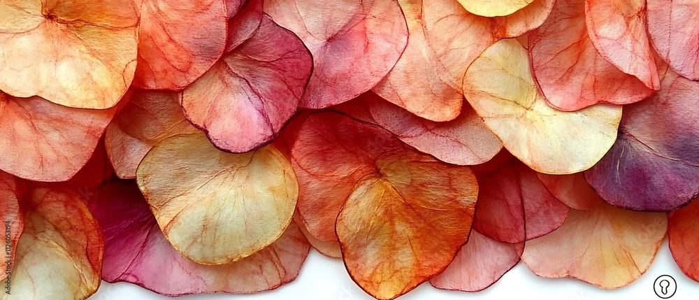 A cluster of small, pastel-colored paper hearts arranged in a loose circle on a white background. Each heart displays subtle watercolor textures, blending soft pinks, peaches, and blush tones. 