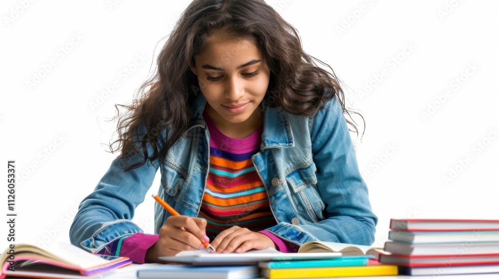 Female student reviewing notes on a tablet, isolated on white background for stock purposes Female student reviewing notes on a tablet, isolated on white background for stock purposes
