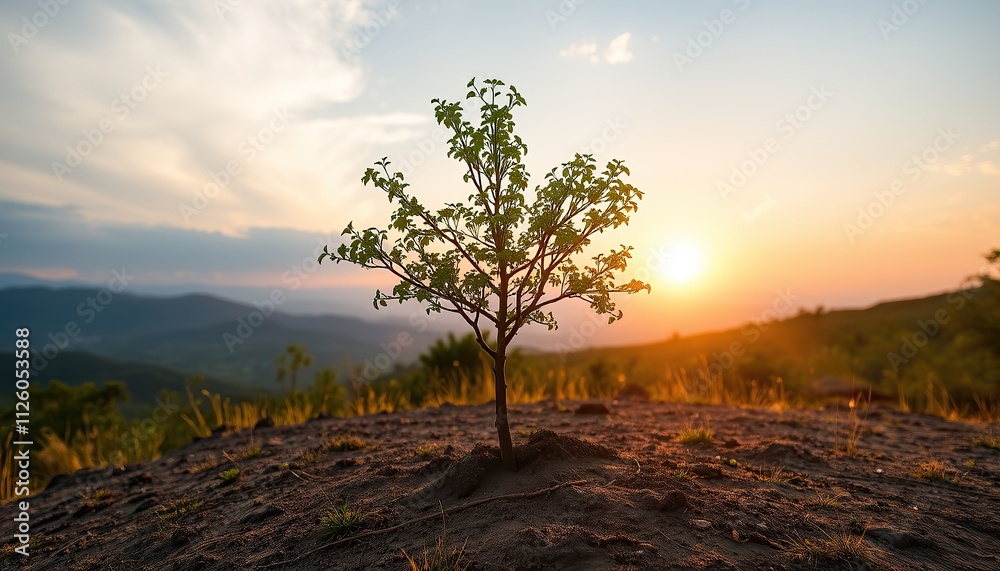 Design a wide-angle view of a young tree thriving under the gentle warmth of a sunrise. Include a serene natural setting with distant mountains and a radiant sky, celebrating Earth's resilience Design a wide-angle view of a young tree thriving under the gentle warmth of a sunrise. Include a serene natural setting with distant mountains and a radiant sky, celebrating Earth's resilience