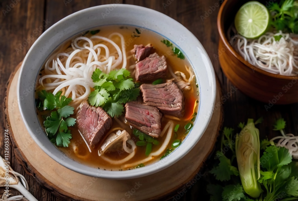 Traditional Vietnamese beef soup pho on a wooden background Traditional Vietnamese beef soup pho on a wooden background