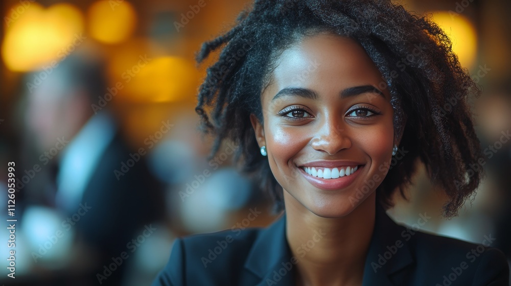 Happy Young Woman with Natural Hair Smiling in a Cafe Setting