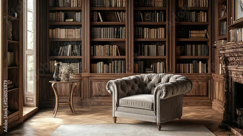 Elegant and Cozy Library Interior Featuring a Plush Armchair, Tall Bookshelves Filled with Books, and a Chic Side Table in a Warm Atmosphere