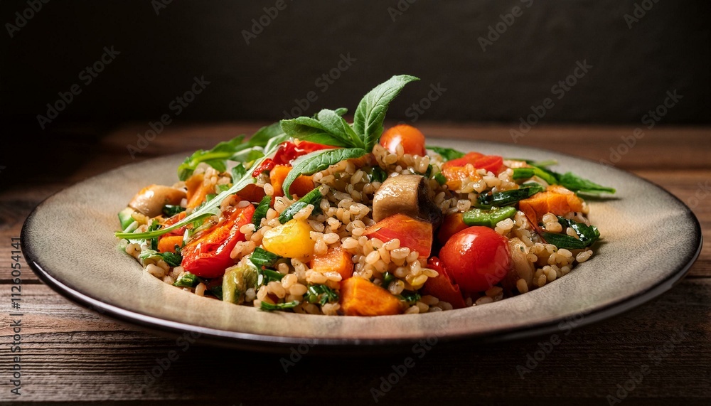 A close-up of a plate of farro salad with cherry tomatoes, arugula, and roasted vegetables, illuminated softly. A close-up of a plate of farro salad with cherry tomatoes, arugula, and roasted vegetables, illuminated softly.