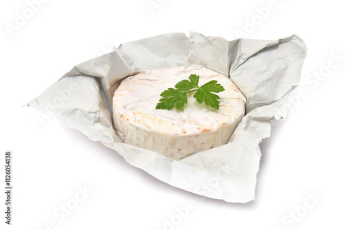 Fresh cheese with mustiness or camembert in open package closed up isolated on white