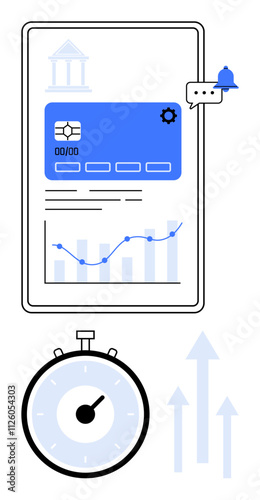 Credit card on mobile screen with graphs gear icon, and notification. Stopwatch and arrows indicating progress, finance, technology, efficiency, growth, data visualization. Ideal for fintech