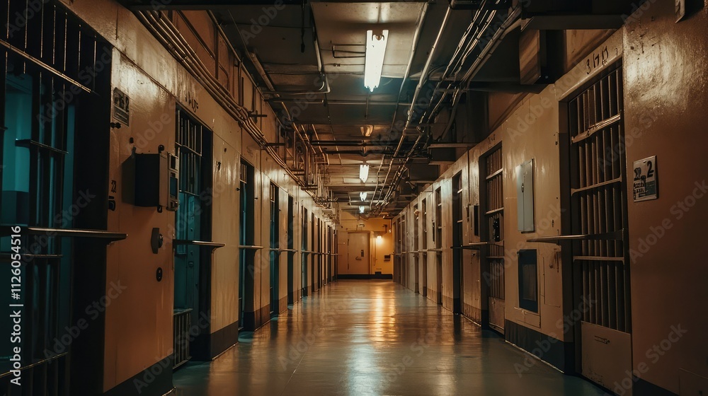 custom made wallpaper toronto digitalDark and Moody Interior View of an Abandoned Prison Corridor with Cells and Dim Lighting, Evoking Feelings of Isolation and Desolation