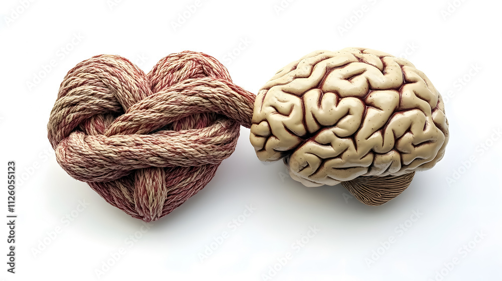 Fototapeta premium A heart and brain connected by a knot against a white background.