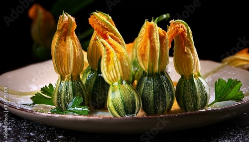 A close-up of a plate of stuffed zucchini flowers, filled with ricotta and herbs, beautifully plated. photo