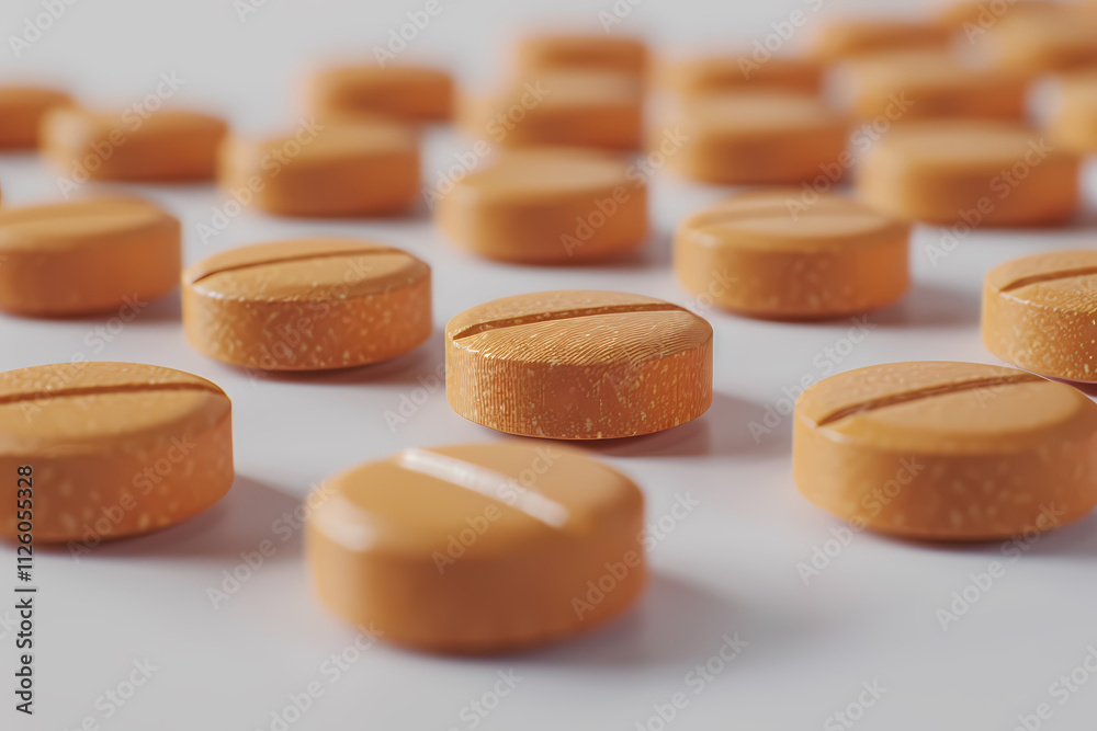 Close-up of vibrant orange pills scattered across a white surface, showcasing their smooth texture and distinct slits. Close-up of vibrant orange pills scattered across a white surface, showcasing their smooth texture and distinct slits.