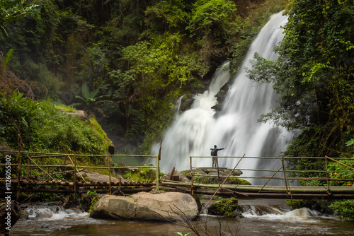 Pha Dok Siew waterfall and trail through dry rainforest with incredible close-up waterfall views and terraced rice, Ban Mae Klang Luang, Doi Inthanon National Park, Chom Thong, Chiang Mai Thailand photo