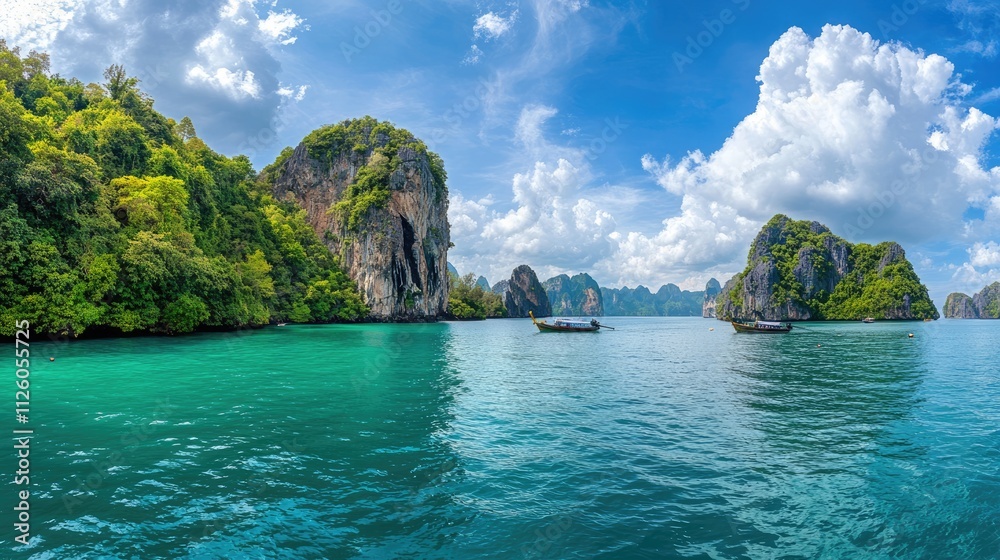 Fototapeta premium Serene Tropical Lagoon with Limestone Cliffs and Boats