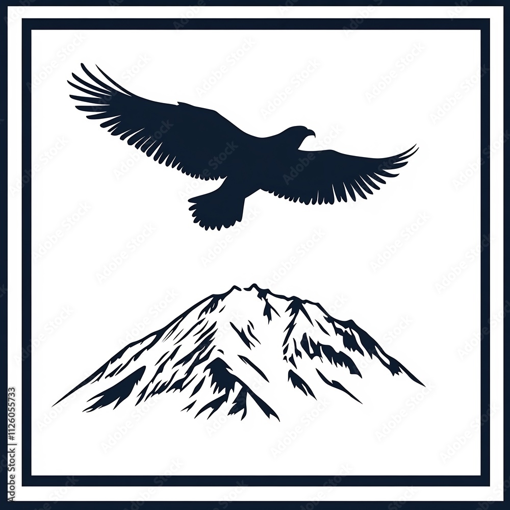 Fototapeta premium Majestic Silhouetted Eagle Soaring Above Dramatic Snowy Mountain Peaks in Minimalist Landscape