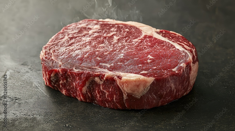 Raw Ribeye Steak on Dark Stone Surface with Steam Rising, Perfect for Culinary and Gastronomy Themes, Highlighting Texture and Color of Fresh Meat Raw Ribeye Steak on Dark Stone Surface with Steam Rising, Perfect for Culinary and Gastronomy Themes, Highlighting Texture and Color of Fresh Meat