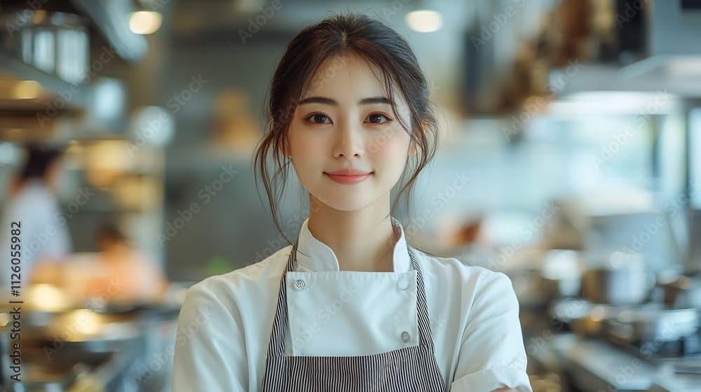 Smiling Asian Female Chef Posing in Modern Professional Kitchen Smiling Asian Female Chef Posing in Modern Professional Kitchen