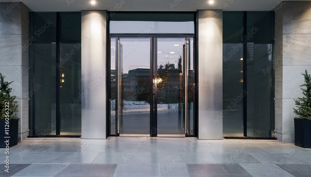 A close-up of a sleek, modern building’s entrance, featuring large glass doors and polished marble flooring. A close-up of a sleek, modern building’s entrance, featuring large glass doors and polished marble flooring.