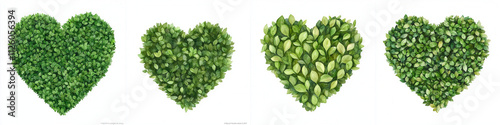 Tropical greenery concept. Four green heart shapes made of foliage, showcasing varying textures and shades of green.