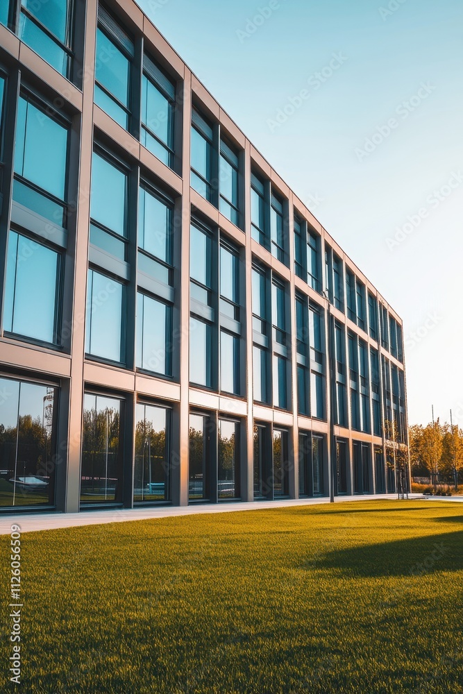 Sleek and Modern Office Building Surrounded by Lush Greenery Sleek and Modern Office Building Surrounded by Lush Greenery