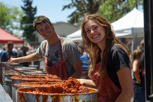 Happy volunteers serve chili at a summer festival. This cheerful photo shows community spirit and food preparation, perfect for event or food blogs.