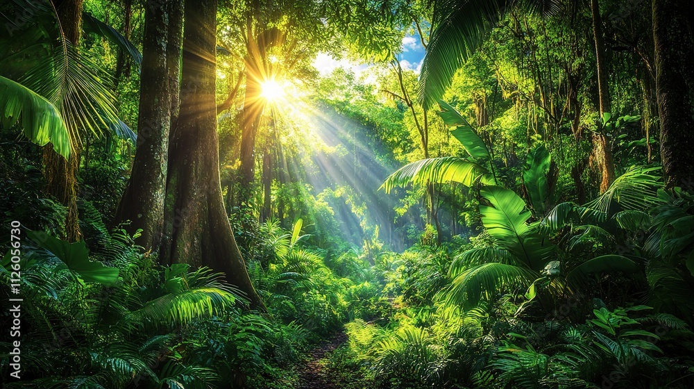 Obraz premium Sunlight Filtering Through Trees in a Deep Forest Landscape