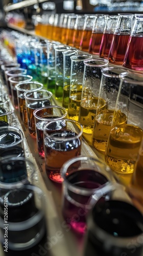 Wallpaper Mural A Vibrant Display of Colorful Liquid Solutions in Glass Beakers on a Laboratory Table, Showcasing a Spectrum of Shades from Clear to Deep Tones for Scientific Experimentation Torontodigital.ca
