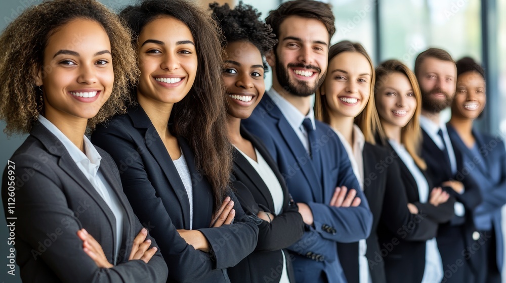 Diverse group of young professionals in business attire smiling confidently Diverse group of young professionals in business attire smiling confidently