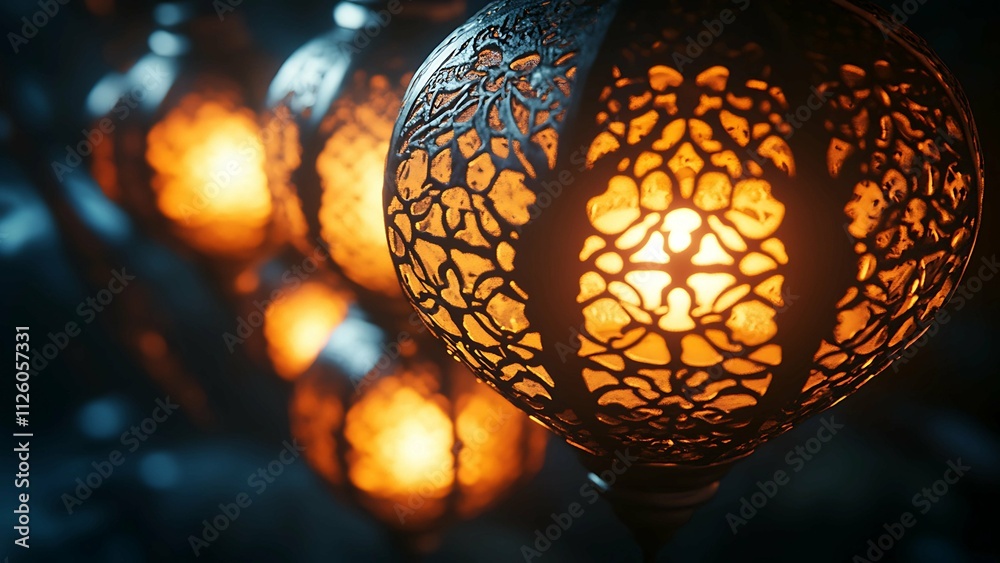 Fototapeta premium Suspended in the ethereal twilight, these ornate lanterns whisper tales of ancient lore.