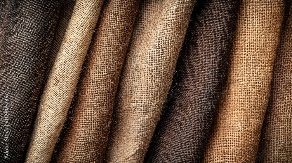 Fototapeta premium Various Shades of Natural Burlap Fabric Displayed in an Artistic Arrangement for Textural and Color Inspiration in Design Projects