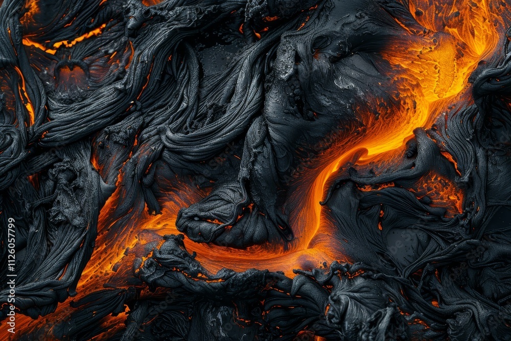 Vivid orange lava flows through darkened rock formations, illustrating the dynamic forces of nature during a volcanic eruption in a remote area. Vivid orange lava flows through darkened rock formations, illustrating the dynamic forces of nature during a volcanic eruption in a remote area.