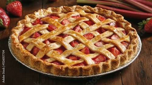 Delicious fresh homemade strawberry rhubarb pie with golden crust and intricate lattice design, perfect for summer gatherings and dessert tables.