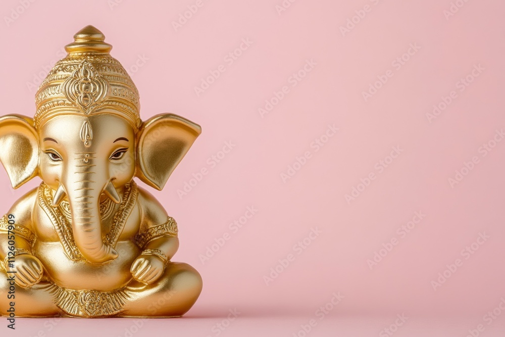 Golden ganesha statue against pink background - symbol of wisdom and prosperity Golden ganesha statue against pink background - symbol of wisdom and prosperity