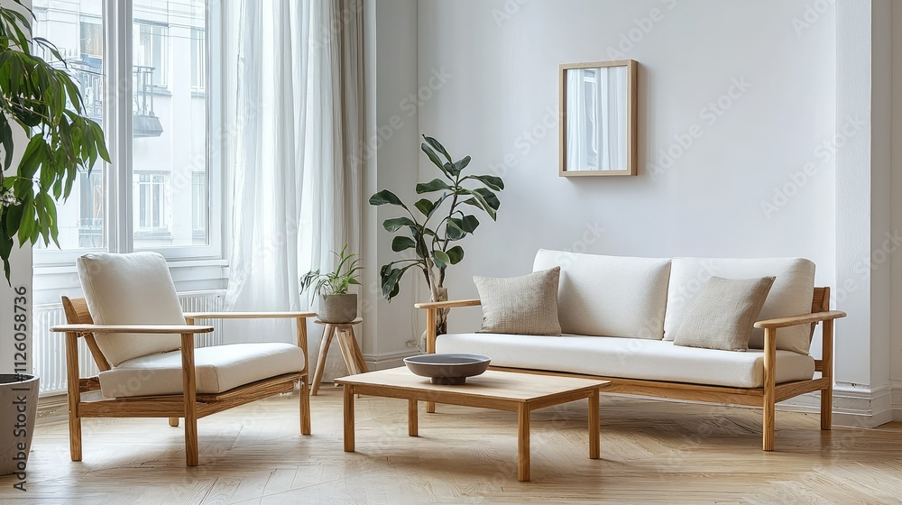 Obraz premium Modern minimalist living room design featuring light wooden furniture, cozy seating, and indoor plants creating a serene and inviting atmosphere for relaxation and comfort