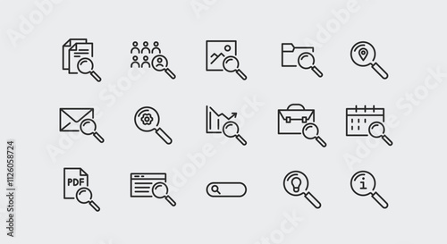 Search icons. Set of 15 trendy minimal search icons including magnifying glass on documents, people, folders, images, calendars. Examples: Document, Group, Folder, Image, Mobile. Vector illustration